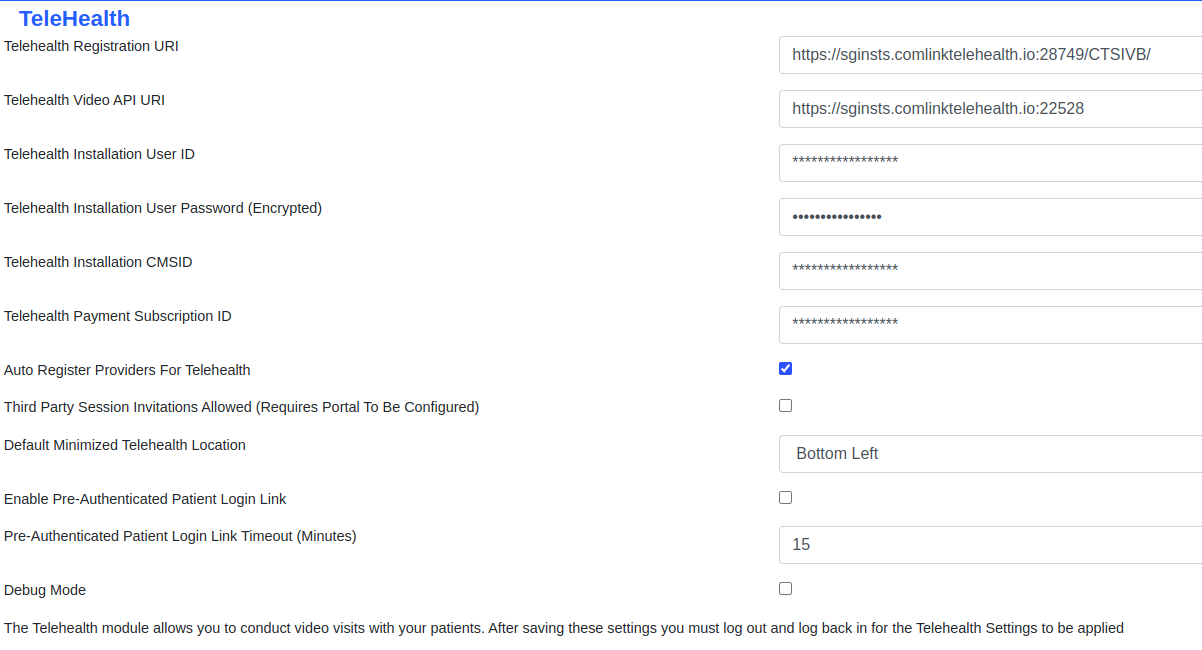 Telehealth Site Config screenshot