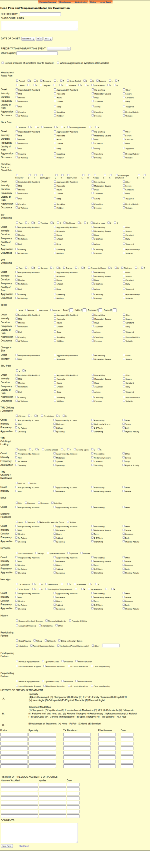 Head pain and TMJ exam