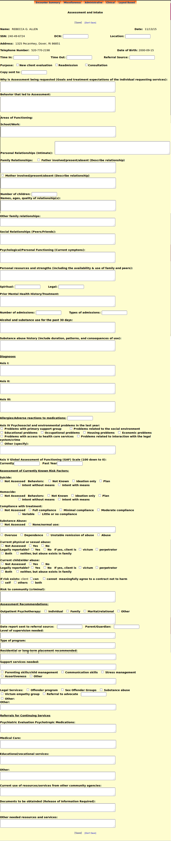 Assessment Intake